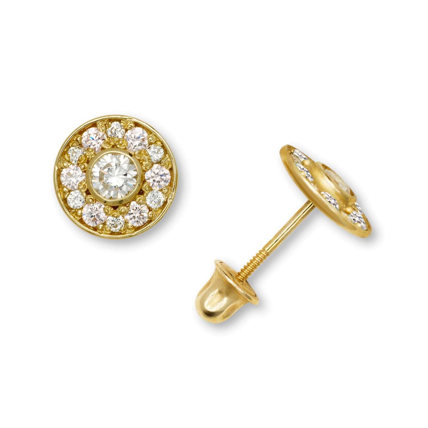 14K Solid Gold Circle Zircon Stud Earrings