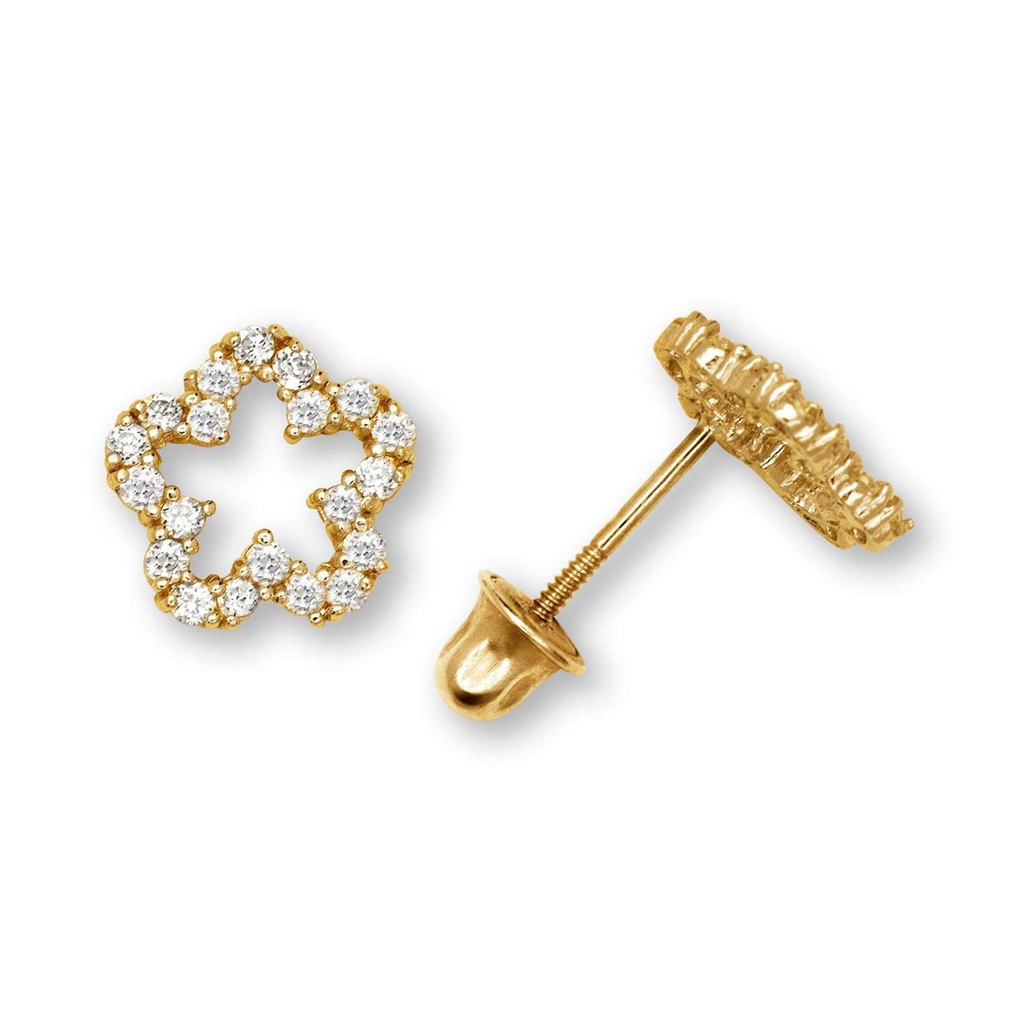 14K Solid Gold Zircon Flower Stud Earrings