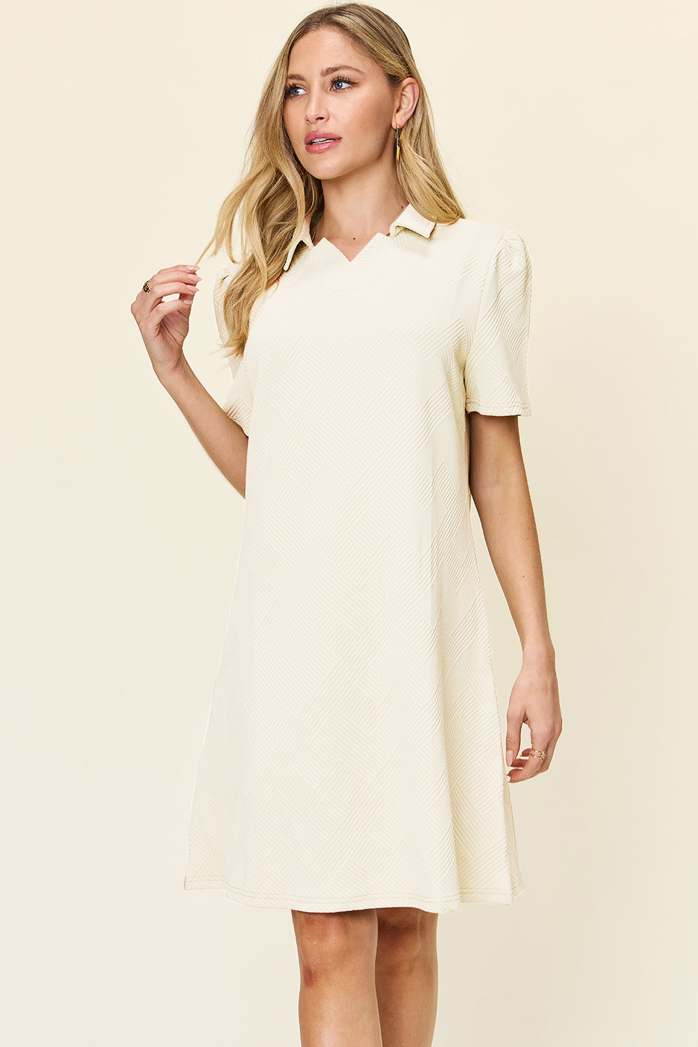 Double Take Full Size Texture Collared Neck Short Sleeve Dress