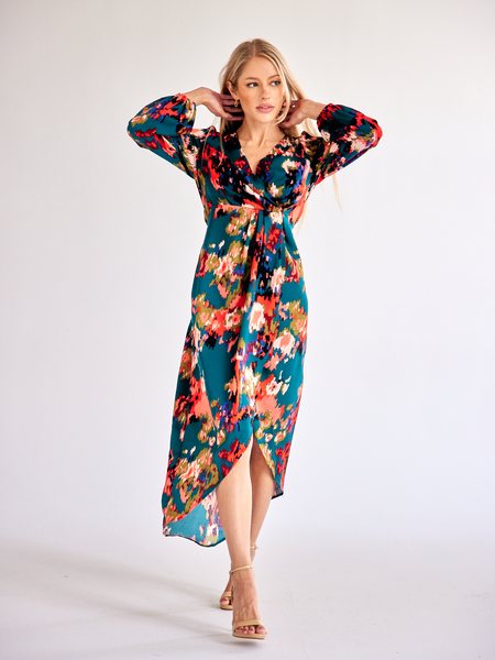 Printed V-neck Lantern Sleeve Wrap Dress - BEYOND FASHION