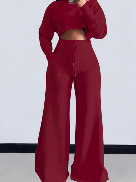 Cropped Long Sleeve Top and Wide Leg Pants Set - BEYOND FASHION