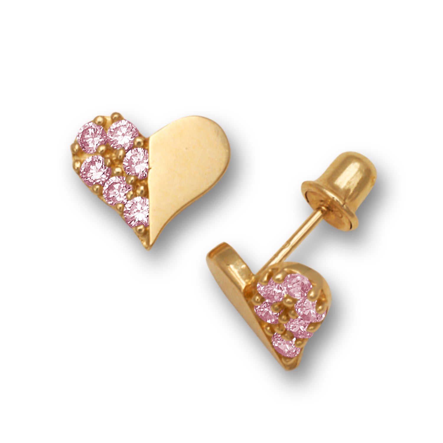 14K Solid Gold Stud Zircon Inlaid Heart Earrings - BEYOND