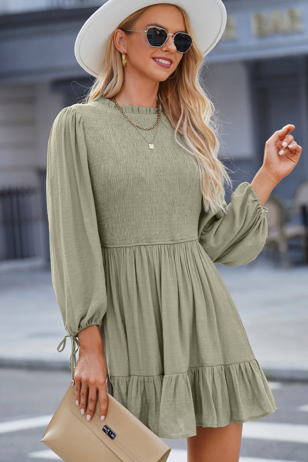 Smocked Tied Balloon Sleeve Mini Dress