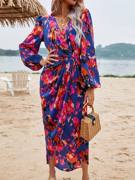 Printed V-neck Lantern Sleeve Wrap Dress - BEYOND FASHION