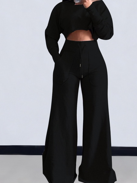 Cropped Long Sleeve Top and Wide Leg Pants Set - BEYOND FASHION
