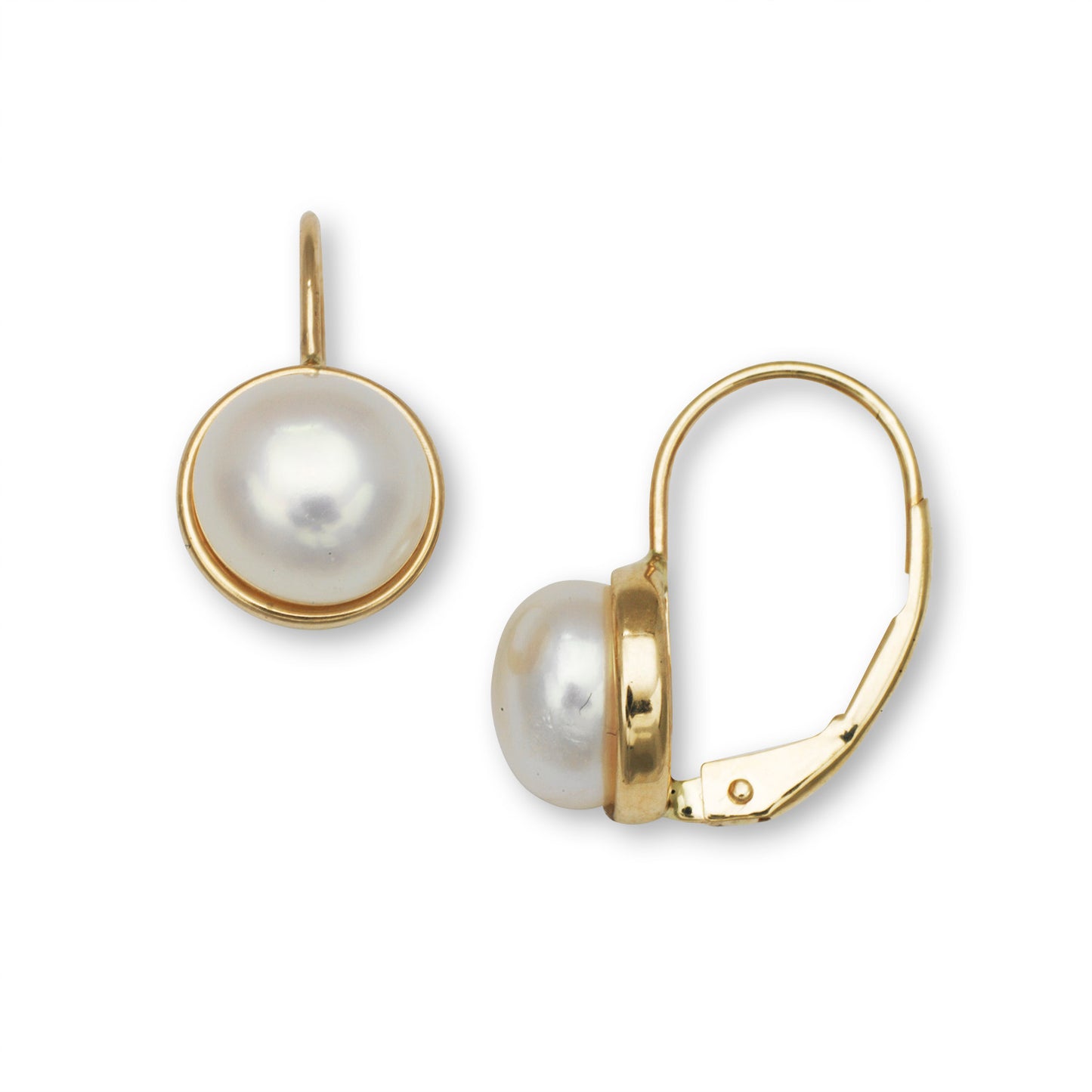 14K Solid Gold Pearl Leverback Earrings