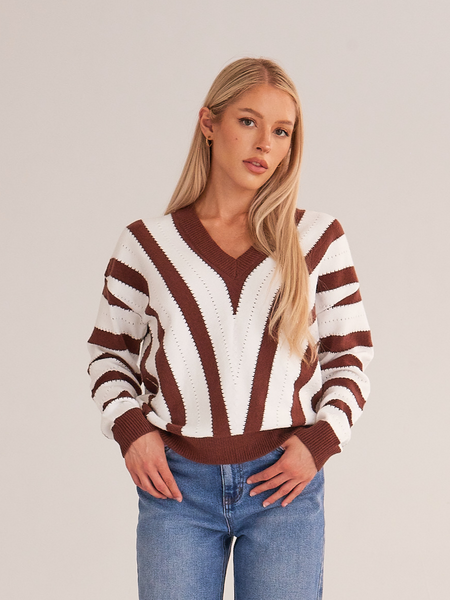 V Neck Stripe Pullover Knitted Sweater