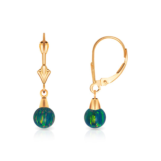 Minimalist 14K Solid Gold Green-Blue Opal Drop Earrings