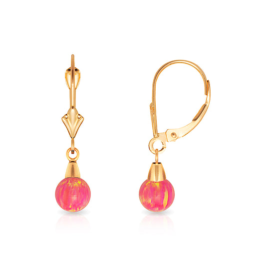 Minimalist 14K Solid Gold Bright Pink Opal Drop Earrings