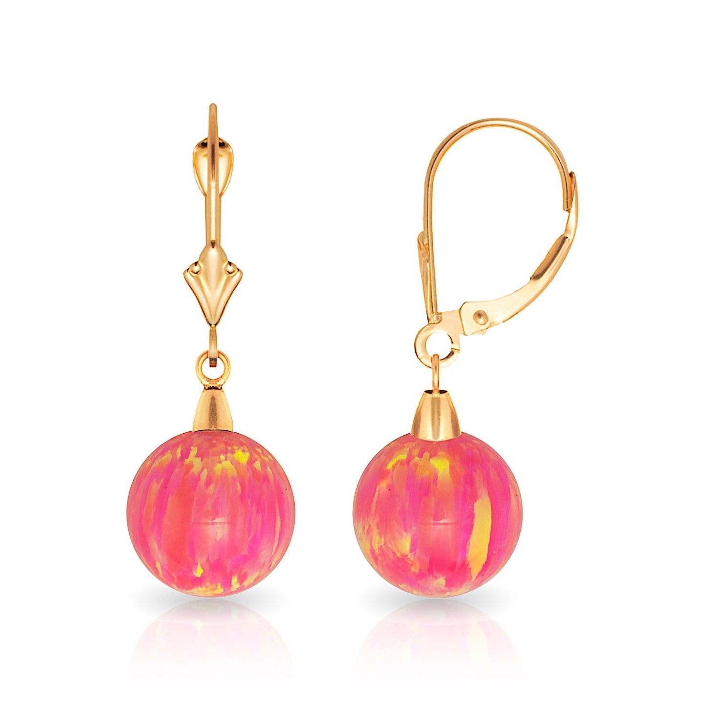 Minimalist 14K Solid Gold Bright Pink Opal Drop Earrings