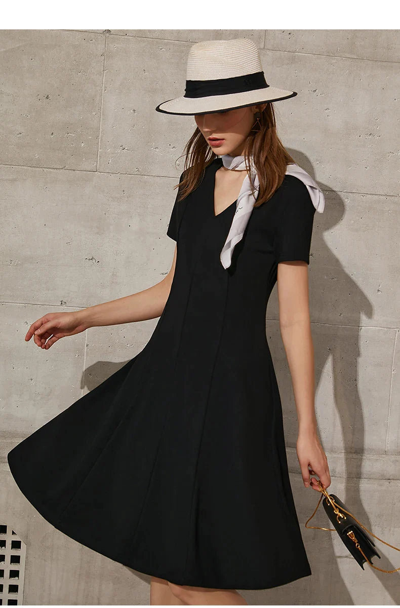 Black Minimalism V-neck A-Line Dress