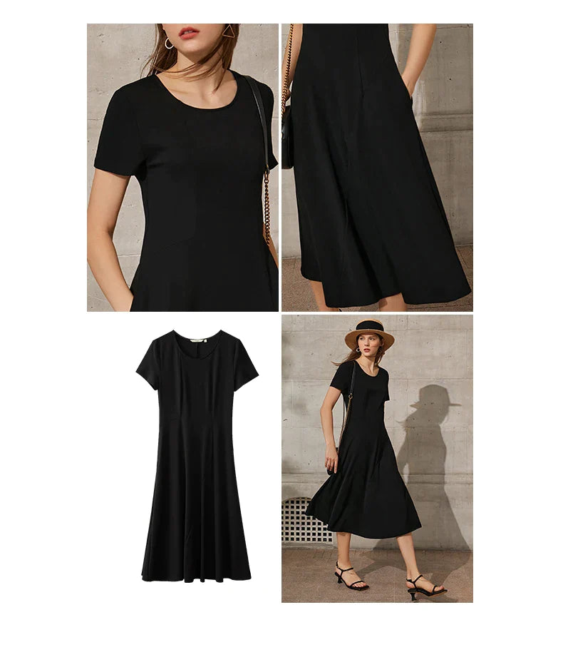 Black Minimalism Short Sleeve Midi Dress