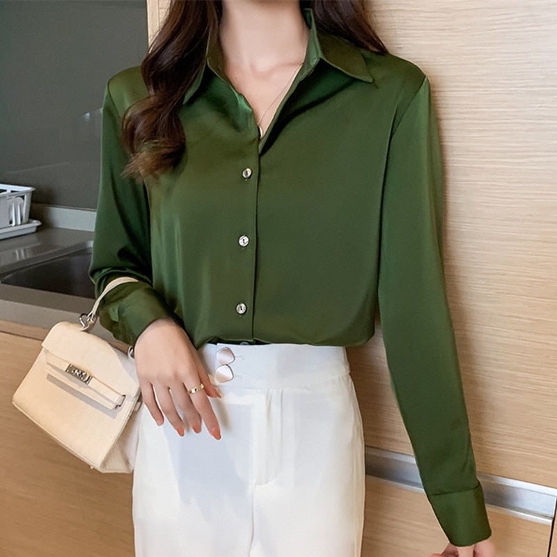 Long Sleeve Satin Solid Color Blouse Shirt - BEYOND