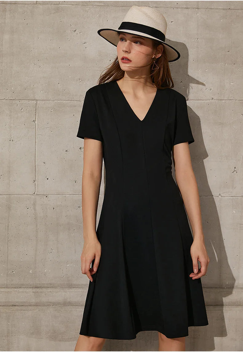 Black Minimalism V-neck A-Line Dress