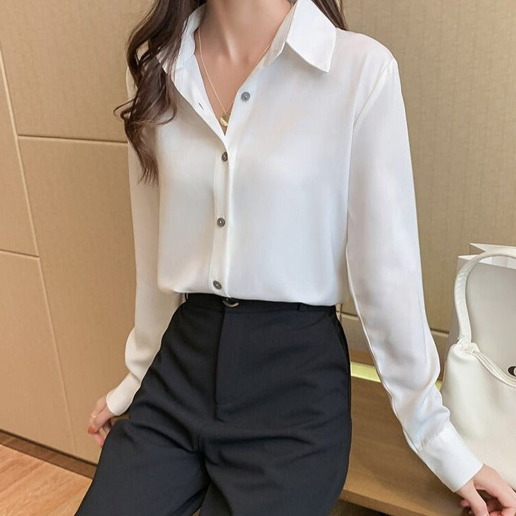 Long Sleeve Satin Solid Color Blouse Shirt - BEYOND