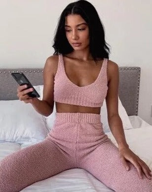 Fluffy Two Piece Set Loungewear - Tank Top And Pants Casual Home Wear Outfits - BEYOND