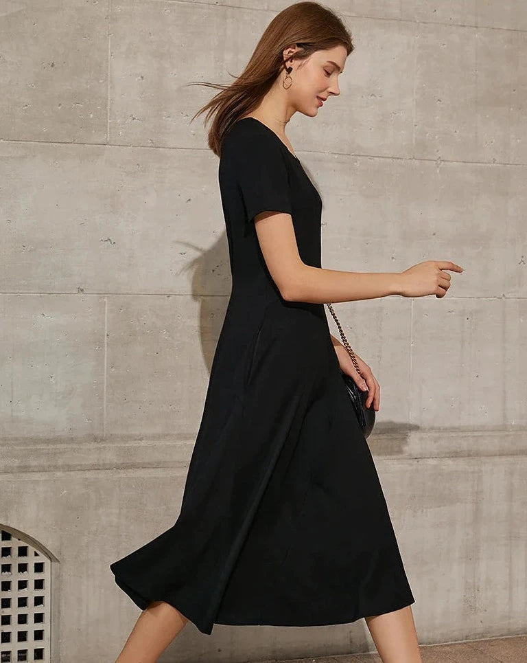 Black Minimalism Short Sleeve Midi Dress