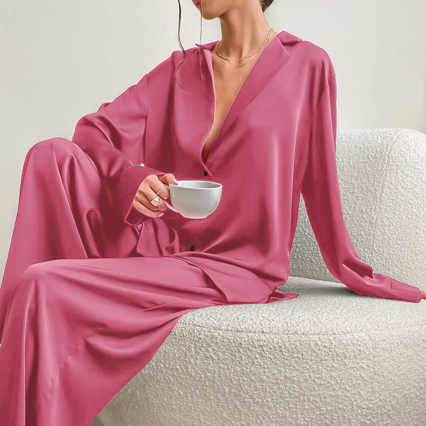 Oversized Satin Sexy Long Sleeves Top And Wide Pants Loungewear Suit