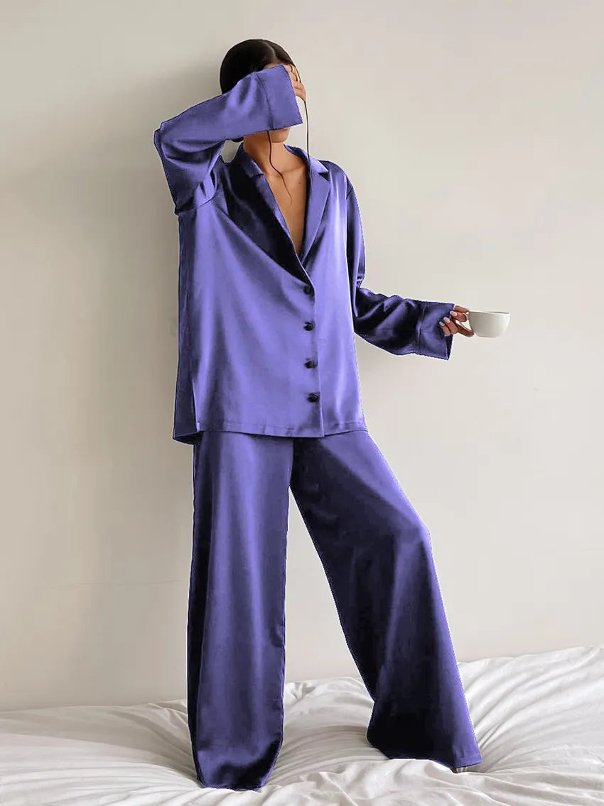 Oversized Satin Sexy Long Sleeves Top And Wide Pants Loungewear Suit