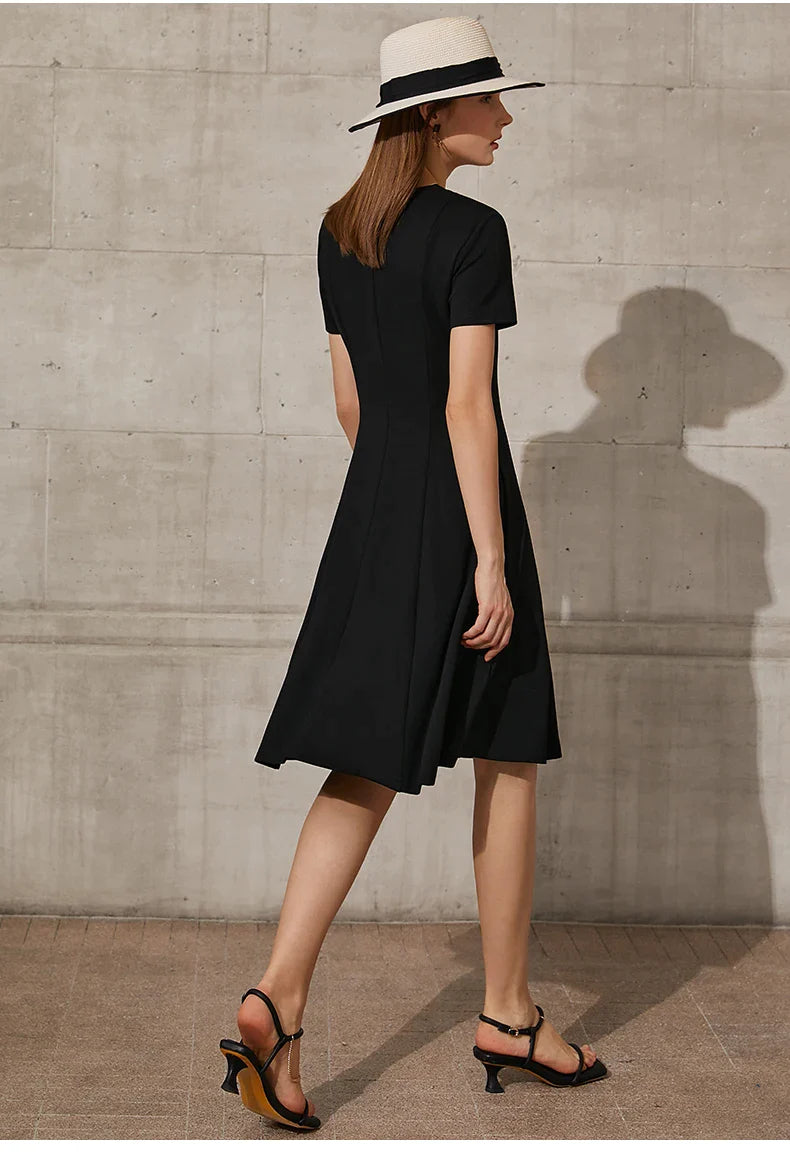 Black Minimalism V-neck A-Line Dress