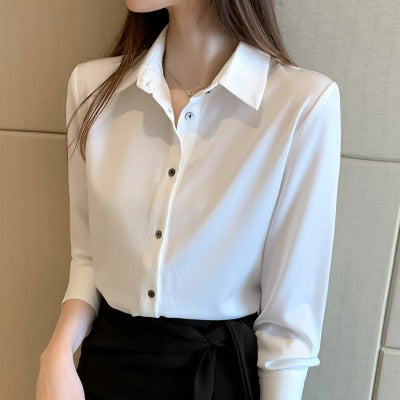 Long Sleeve Satin Solid Color Blouse Shirt - BEYOND