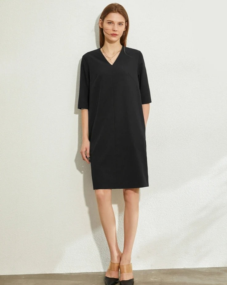 Black Minimalism V-Neck Loose Chiffon Dress