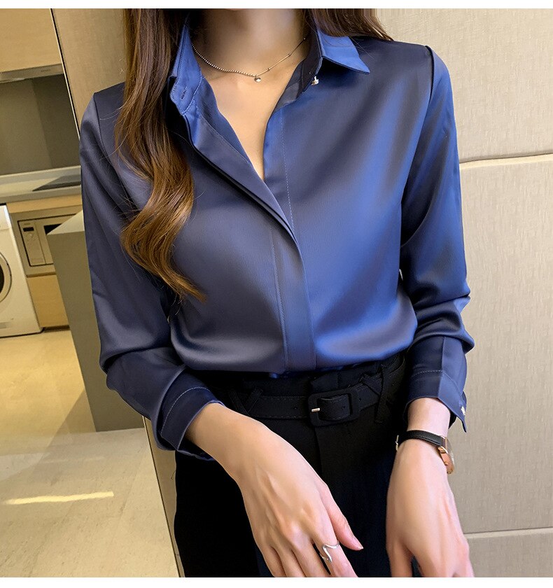 Long Sleeve Satin Solid Color Shirt Blouse - BEYOND