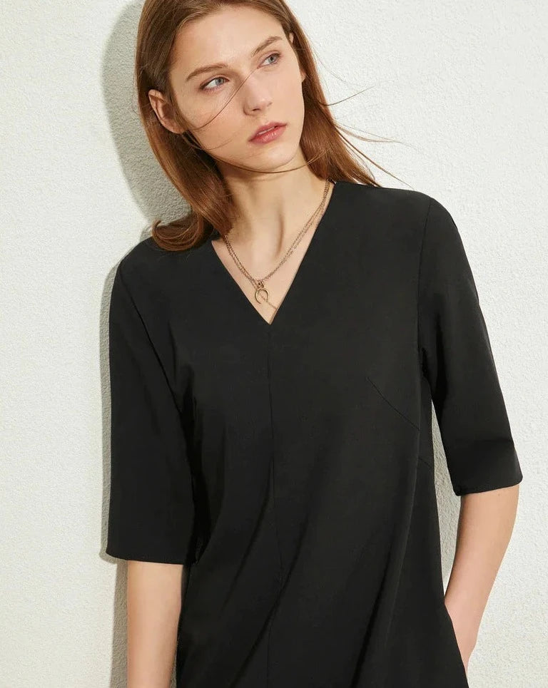 Black Minimalism V-Neck Loose Chiffon Dress