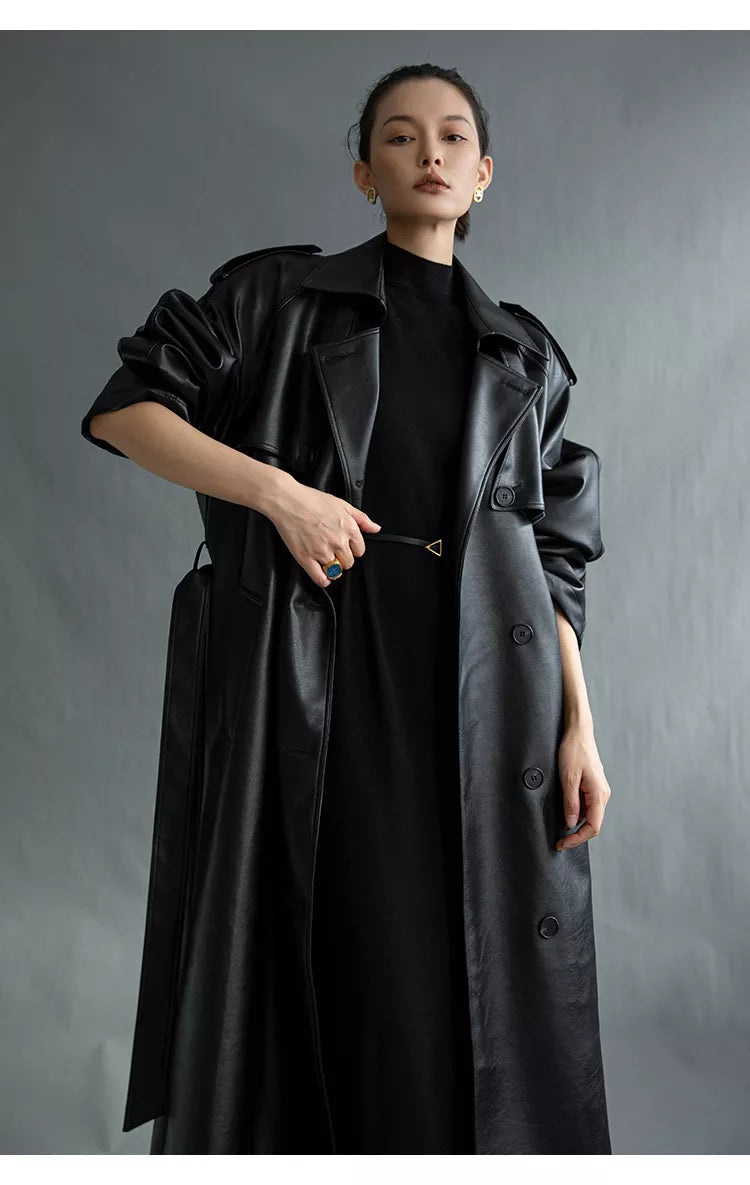 Long Oversized Faux Leather Trench Coat