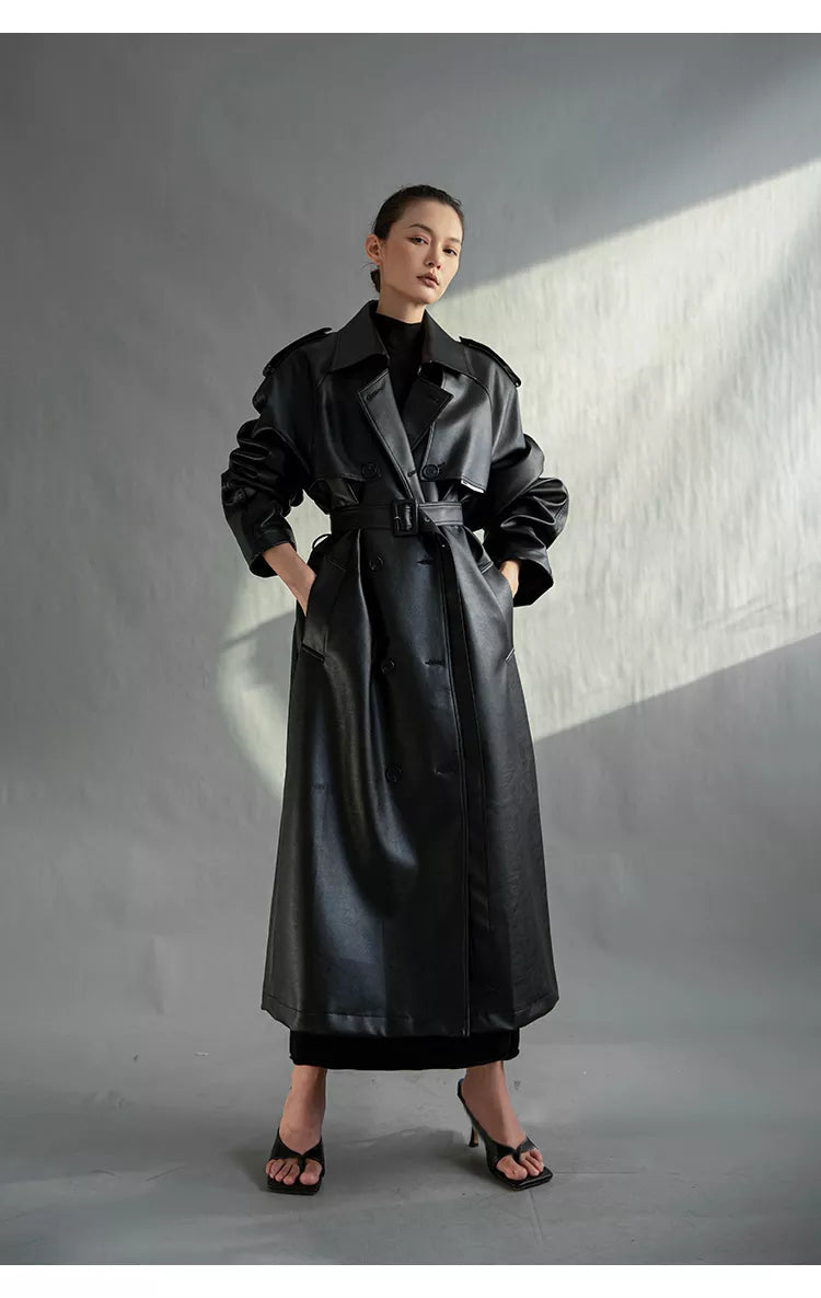 Long Oversized Faux Leather Trench Coat