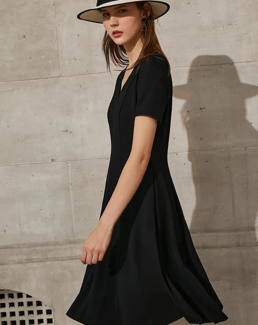 Black Minimalism V-neck A-Line Dress