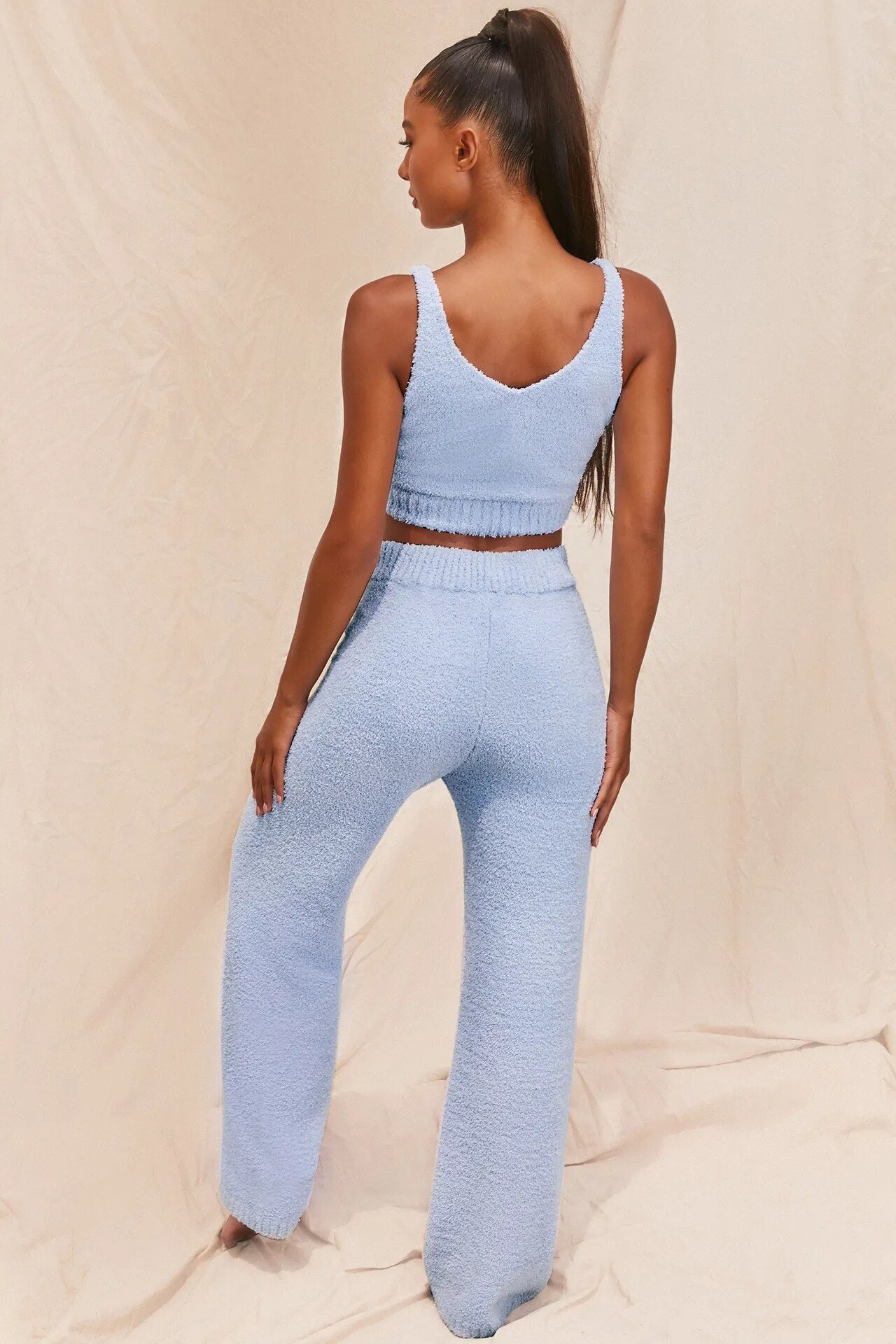 Fluffy Two Piece Set Loungewear - Tank Top And Pants Casual Home Wear Outfits - BEYOND