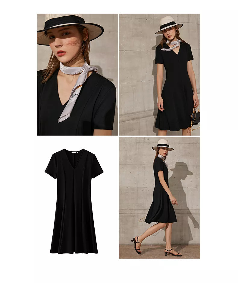 Black Minimalism V-neck A-Line Dress