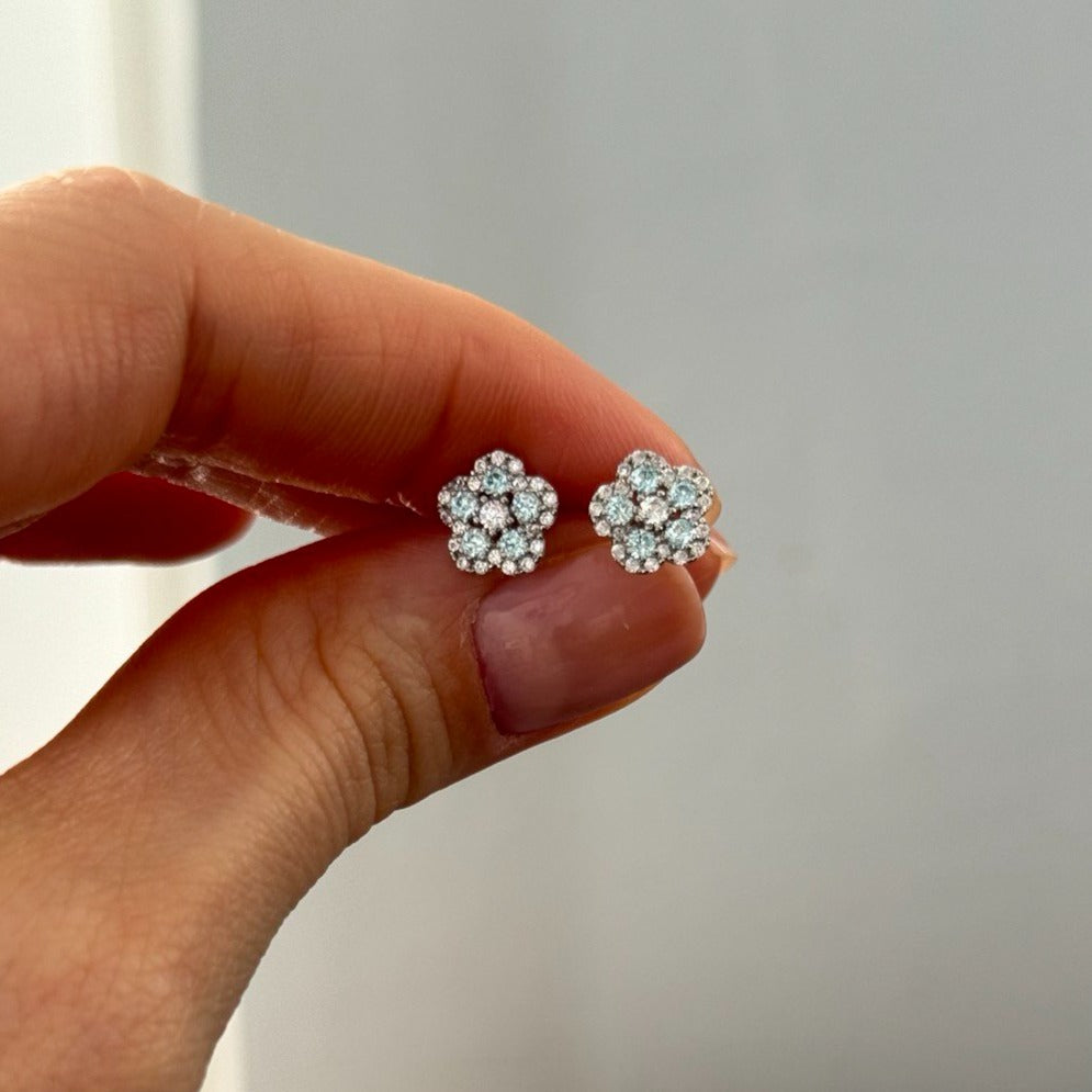 14K White Gold CZ Flower Stud Earrings