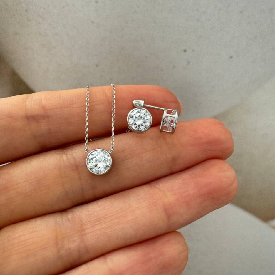 14K Gold, Moissanite Stud Earrings And Necklace with Moissanite Set