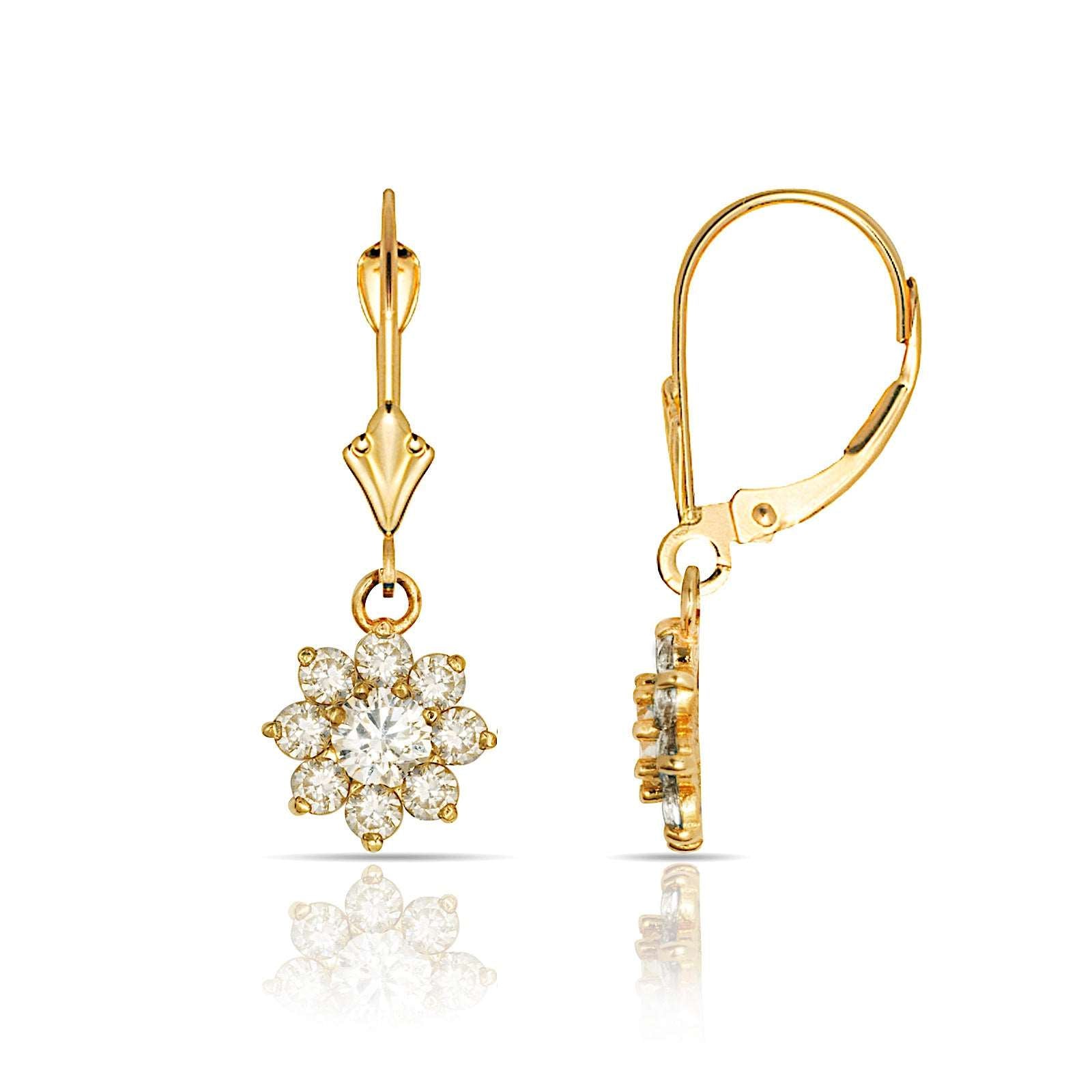 14K Solid Gold Flower Zircon Leverback Earrings - BEYOND