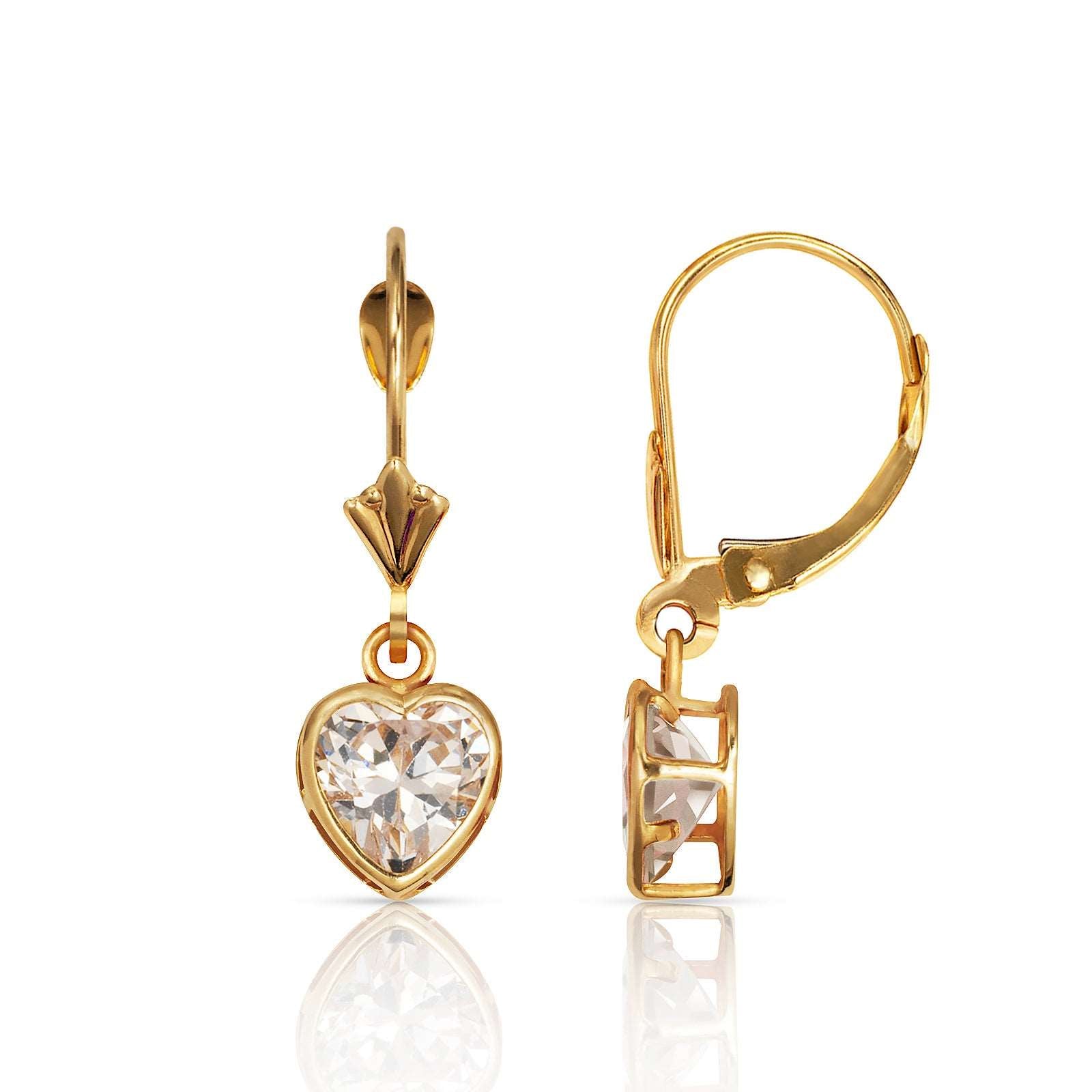 14K Solid Gold Heart Zircon Leverback Earrings - BEYOND