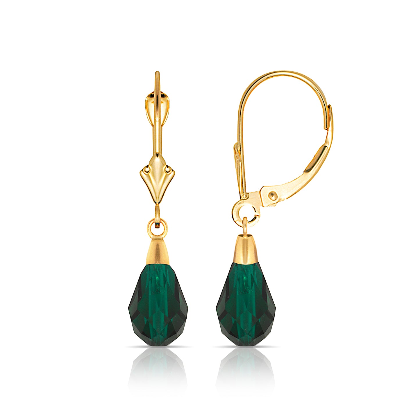 14K Gold Emerald Green Crystal Swarovski Lever-Back Drop Earrings