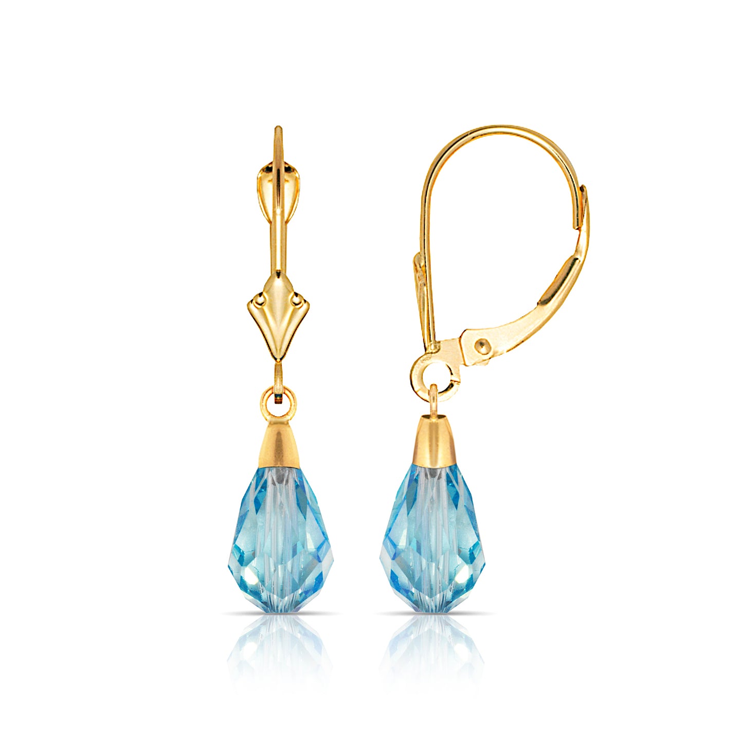 14K Gold Sky Blue Crystal Swarovski Lever-Back Drop Earrings