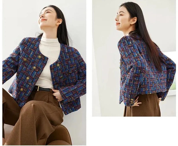 Round Neck Woolen Tweed Jacket