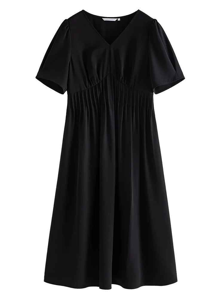 V-Neck Black Midi Dress