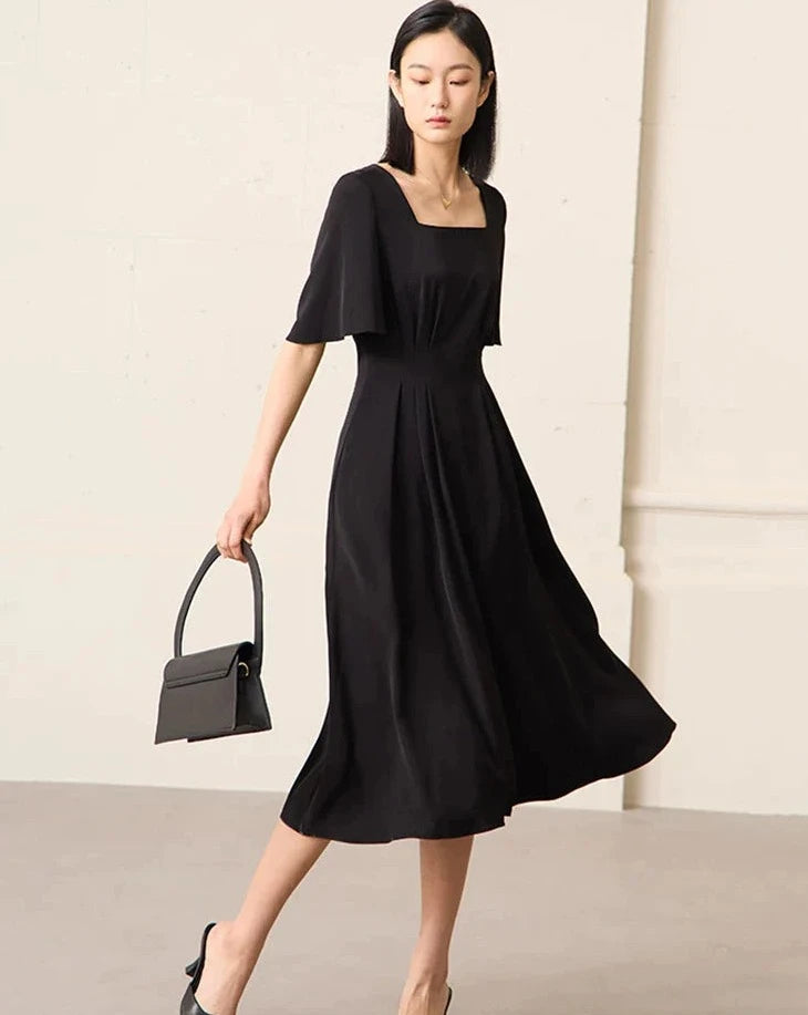 Black Minimalism A Line Chiffon Midi Dress