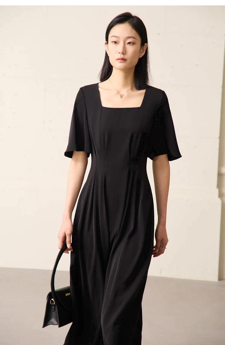 Black Minimalism A Line Chiffon Midi Dress