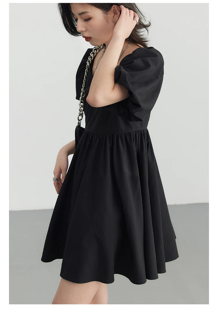 Retro V-neck Puff Sleeve High Waist Dress