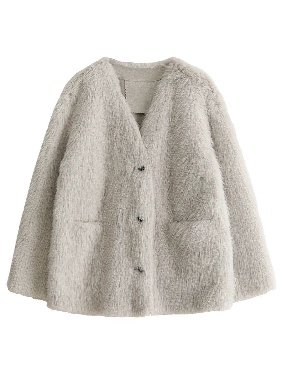 V-neck Loose Plush Warm Faux Fur Coat Jacket