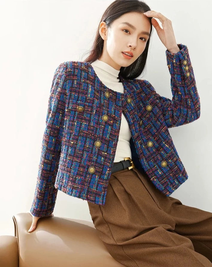 Round Neck Woolen Tweed Jacket