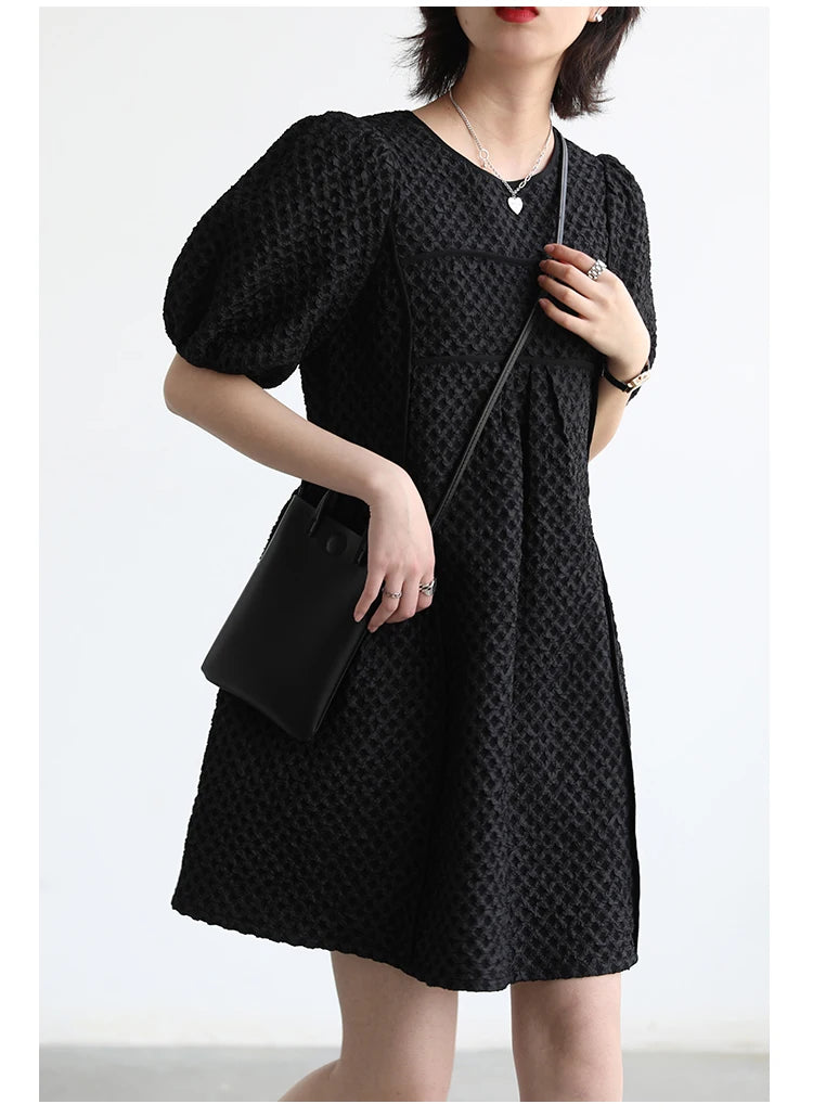 Round Neck Jacquard Bubble Sleeve Dress