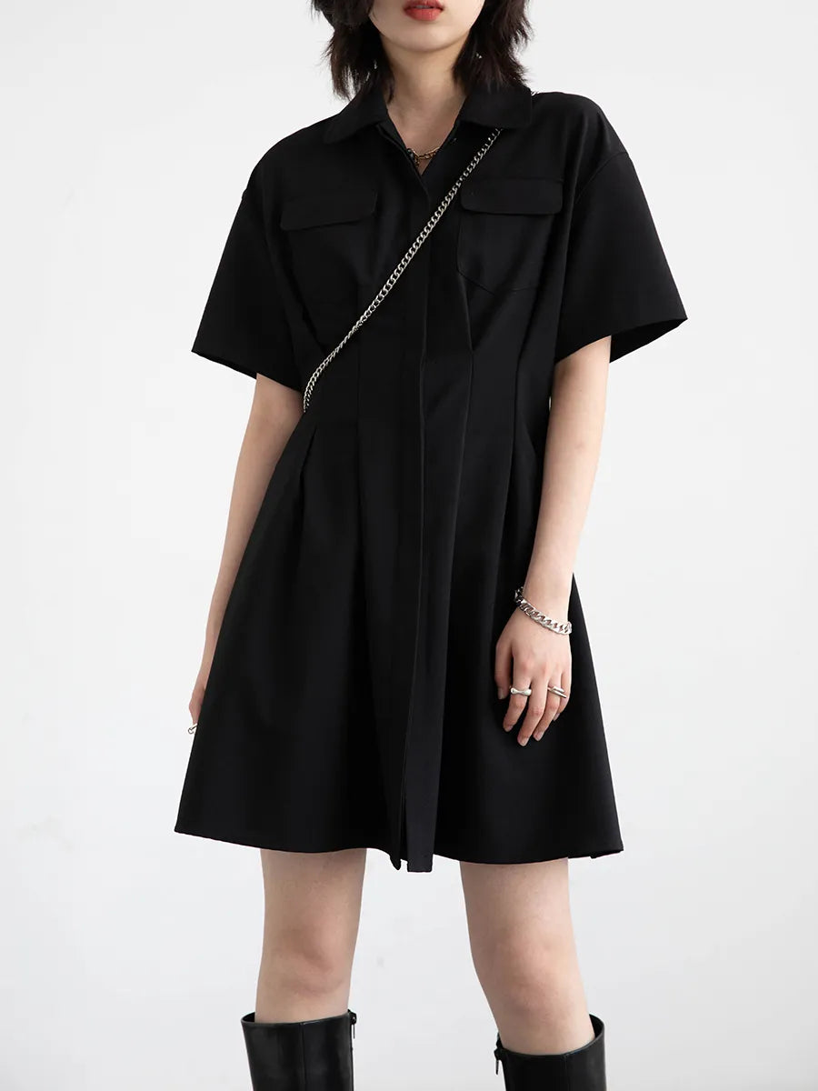 Black Solid Short Sleeve A-LINE Casual Lapel Dress