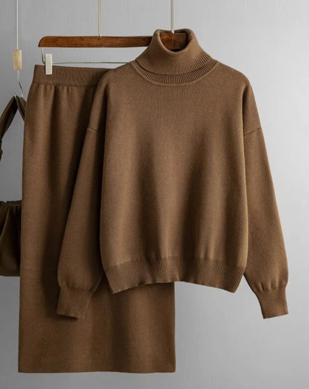 Elegant Knitted Long Skirt and Loose Turtleneck Sweater Suit - BEYOND