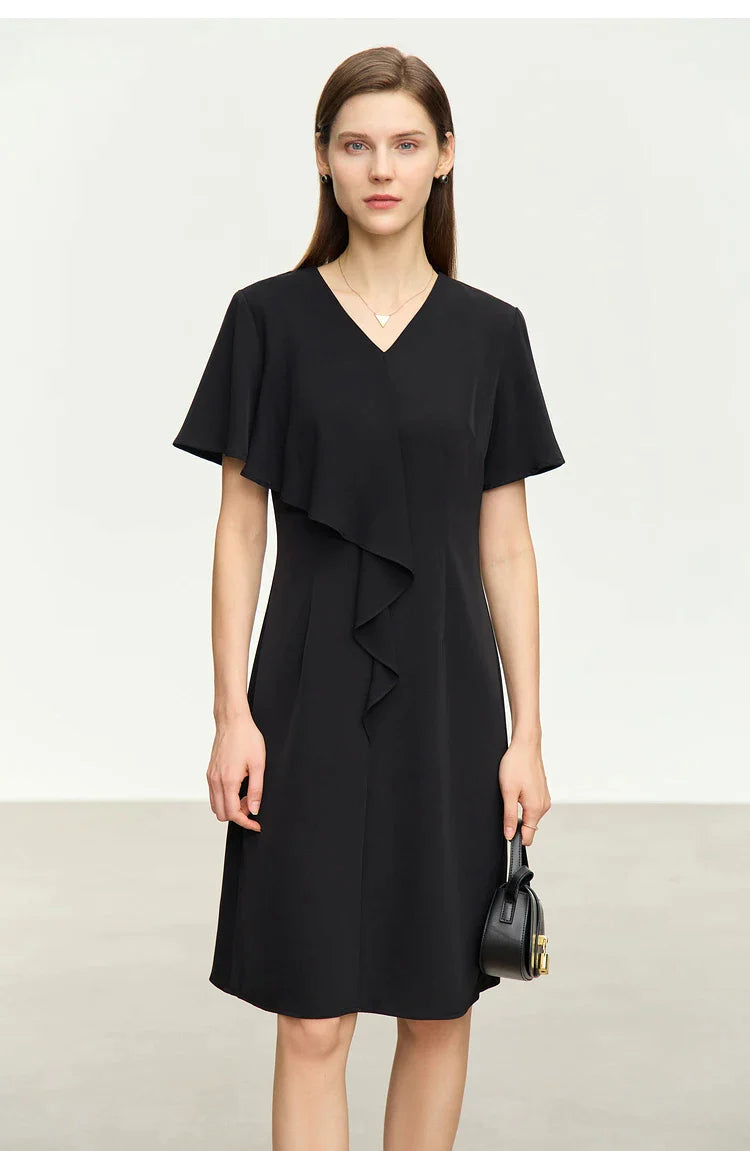 Black Chiffon V-Neck Ruffles Dress